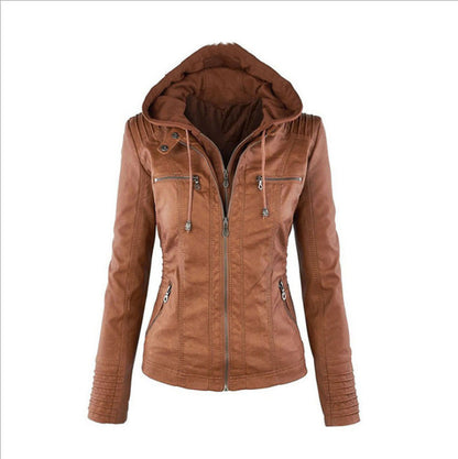 Hooded Zipper Long Sleeve Solid Color Women's Leather Jacket