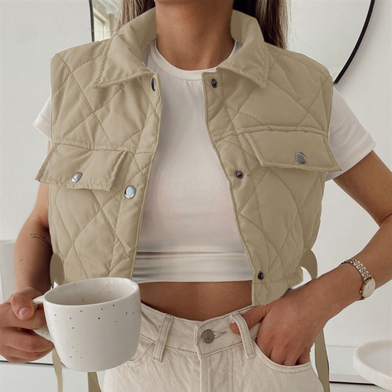 Casual All-match Short Diamond Pocket Vest Jacket Women