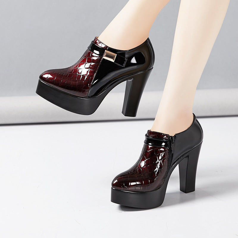 Autumn And Winter New Patent Leather Color Matching High Heel Large Shoes