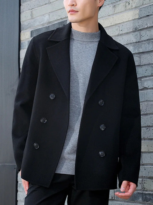 Spring, Autumn and Winter New Men's Coat Common Style Double Breasted Wool Overcoat 100% Loose Suit Solid Color Jacket Top