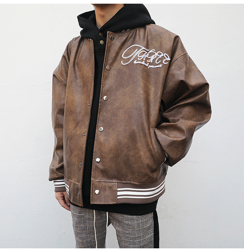 Leather Embroidered Loose Baseball Jacket