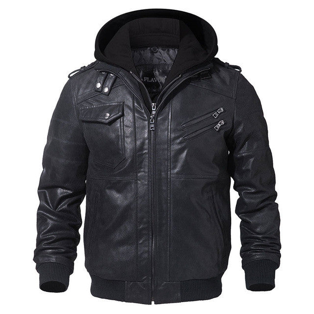 Men's Jacket Imulated Leather Detachable Cap