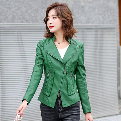 Suit collar fashion biker leather jacket leather woman