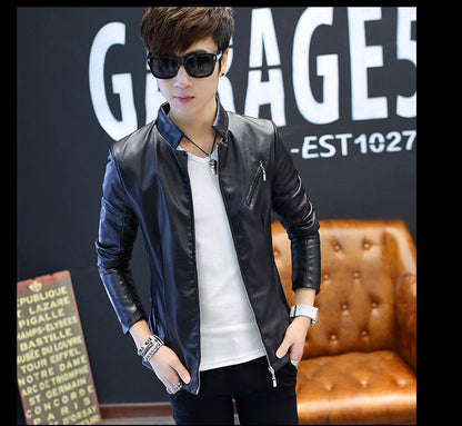 Slim Trendy Youth Stand Collar Leather Jacket Coat