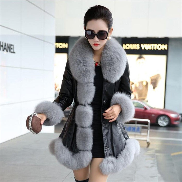 Faux fox fur big fur collar thick warm female leather coat long Women slim fur coat