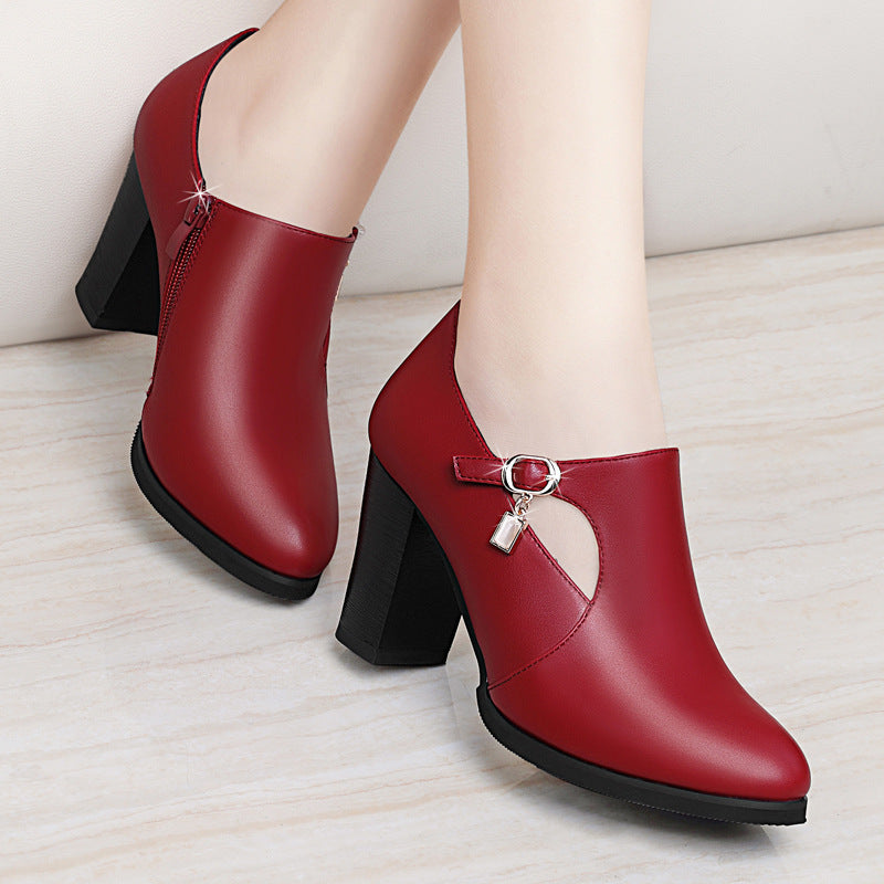 With all-match shoes spring new high-heeled shoes with thick and middle-aged lady leather shoes