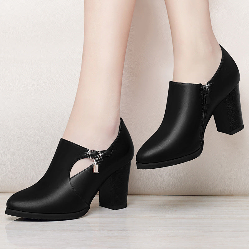 With all-match shoes spring new high-heeled shoes with thick and middle-aged lady leather shoes