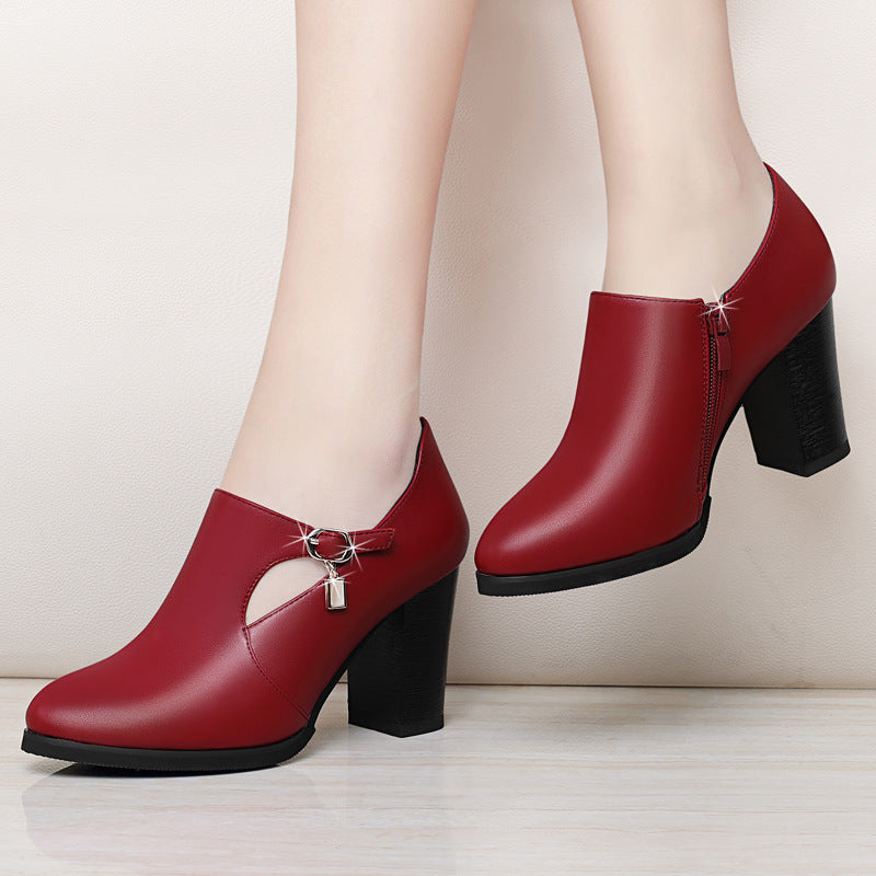 With all-match shoes spring new high-heeled shoes with thick and middle-aged lady leather shoes