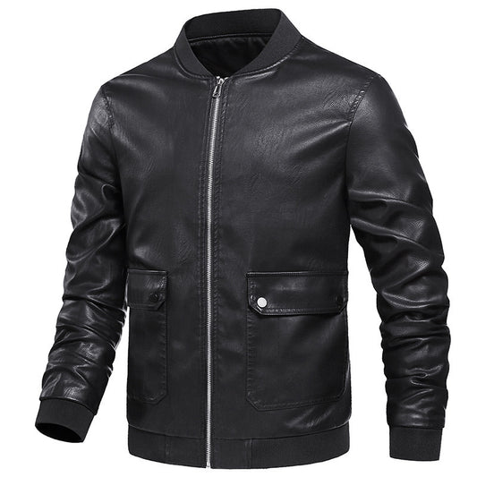 PU Leather Motorcycle Jacket Solid Color Jacket Men's Jacket