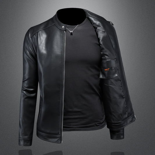 Fall Winter Men Lapel Motorcycle Leather Coat Slim Jacket