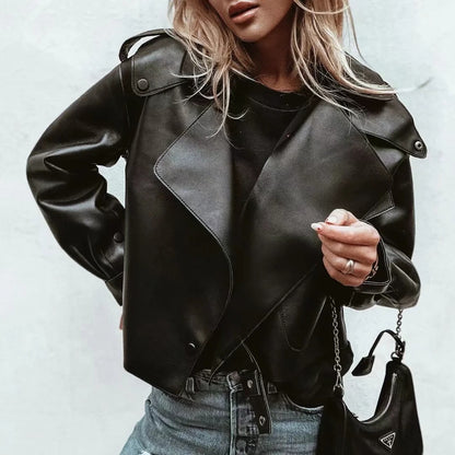 Lapel Loose leather Fashionable Motorcycle Leather Jacket women