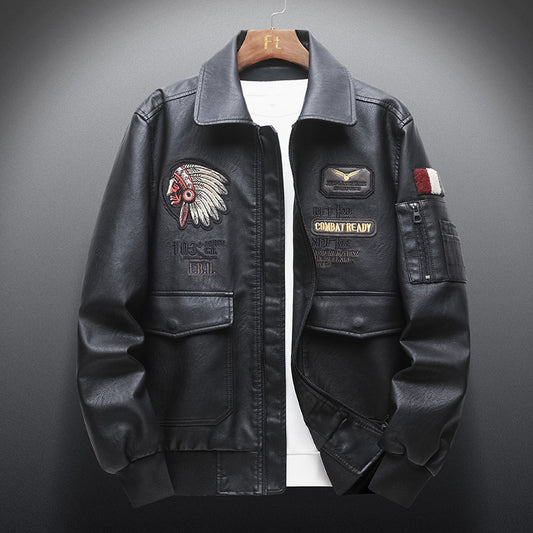 Men's Leather Jacket With Lapel Embroidered Leather