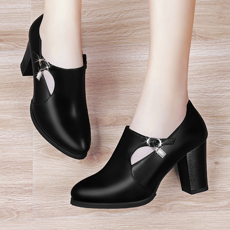 With all-match shoes spring new high-heeled shoes with thick and middle-aged lady leather shoes