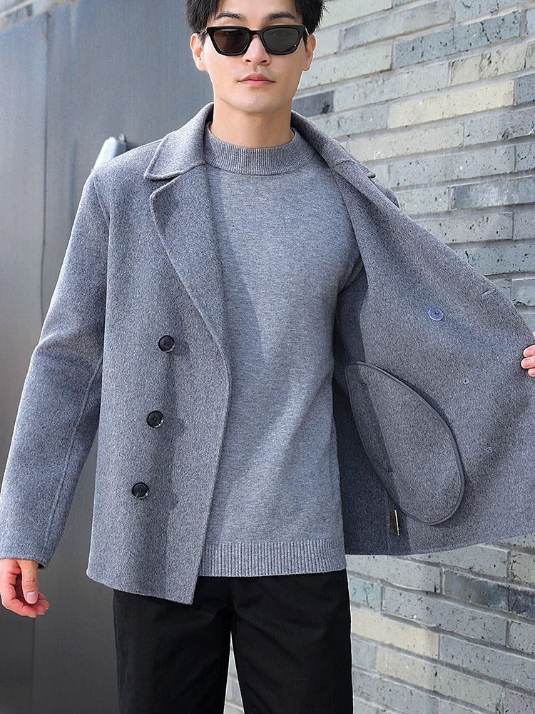 Spring, Autumn and Winter New Men's Coat Common Style Double Breasted Wool Overcoat 100% Loose Suit Solid Color Jacket Top