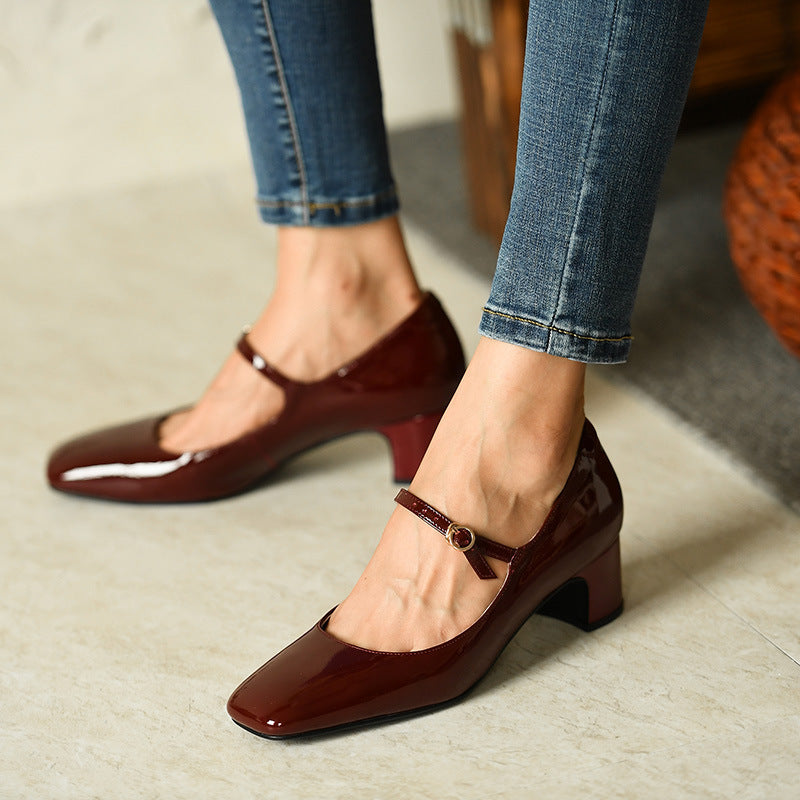 Burgundy bright leather strap square toe shoes