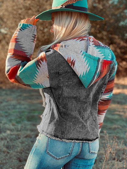 Western Style Denim Stitching Hooded Jacket Multi-color Printed Frayed Hem Jacket