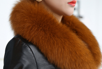 Faux fox fur big fur collar thick warm female leather coat long Women slim fur coat