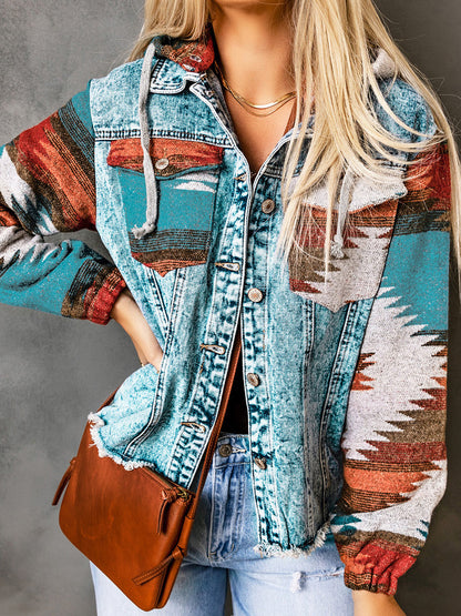 Western Style Denim Stitching Hooded Jacket Multi-color Printed Frayed Hem Jacket