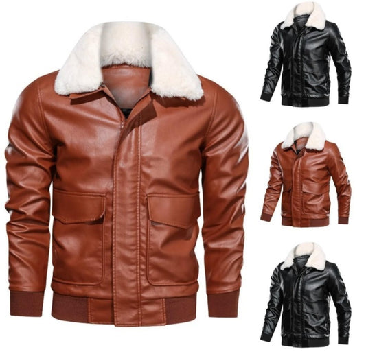 Thin Men's Lapel Large Pocket Leather Jacket  Motorcycle Leather Jacket