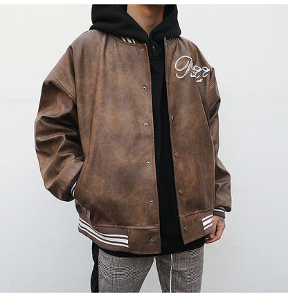 Leather Embroidered Loose Baseball Jacket