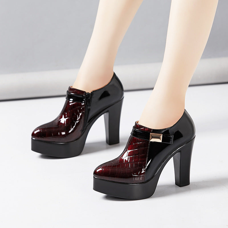 Autumn And Winter New Patent Leather Color Matching High Heel Large Shoes