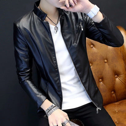 Slim Trendy Youth Stand Collar Leather Jacket Coat