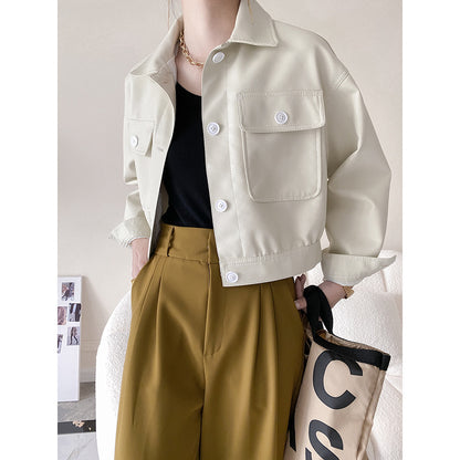 Black Long Sleeve Lapel Collar Leather Short Loose Waist Jacket Women Trendy