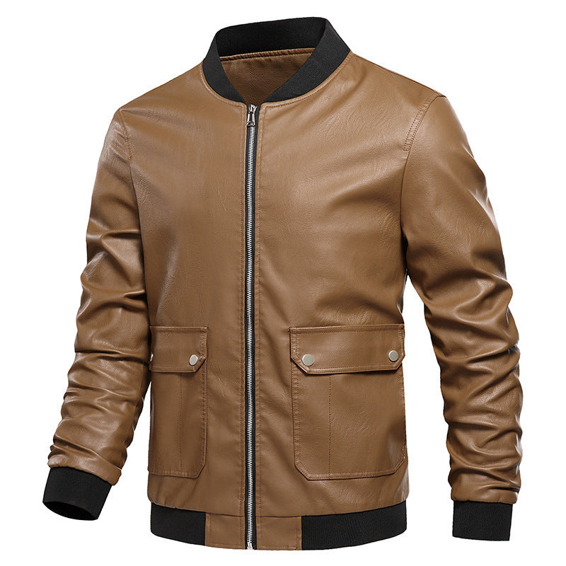 PU Leather Motorcycle Jacket Solid Color Jacket Men's Jacket