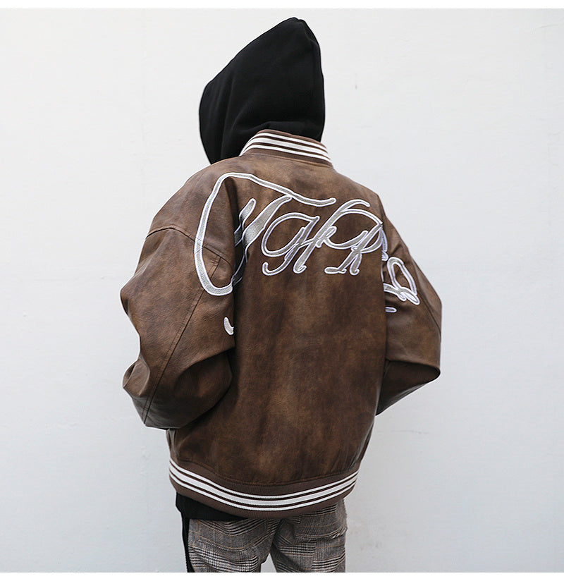 Leather Embroidered Loose Baseball Jacket